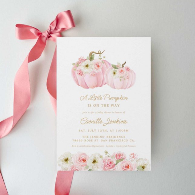 A Little Pumpkin Pink Girl Baby Shower Invitation (Elegant A Little Pumpkin on the way baby shower invitation)