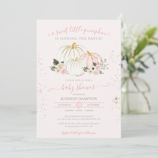 A Little Pumpkin Pink White Girl Baby Shower Invit Invitation (Standing Front)