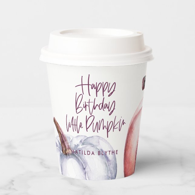 A little pumpkin purple floral fall birthday paper cups (Front)