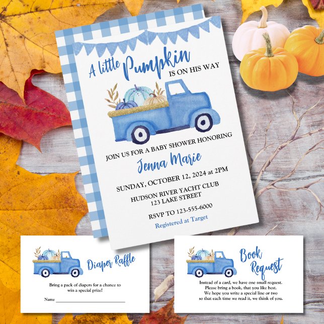 A Little Pumpkin Rustic Blue Truck Baby Shower Invitation (Creator Uploaded)