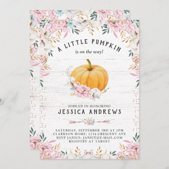 A Little Pumpkin Rustic Cotton Floral Invitation (Front/Back)