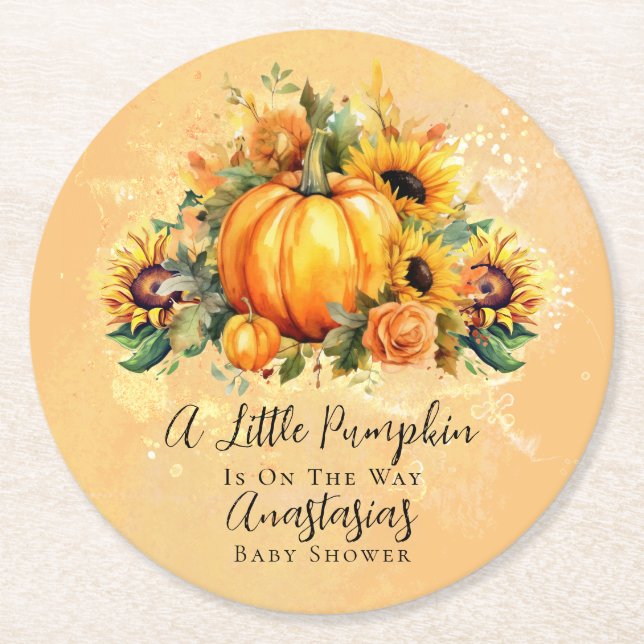 A Little Pumpkin | Sunflowers Fall Baby Shower Round Paper Coaster (Front)