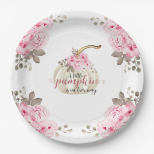 A Little Pumpkin Watercolor Pink Floral Glitter Paper Plate