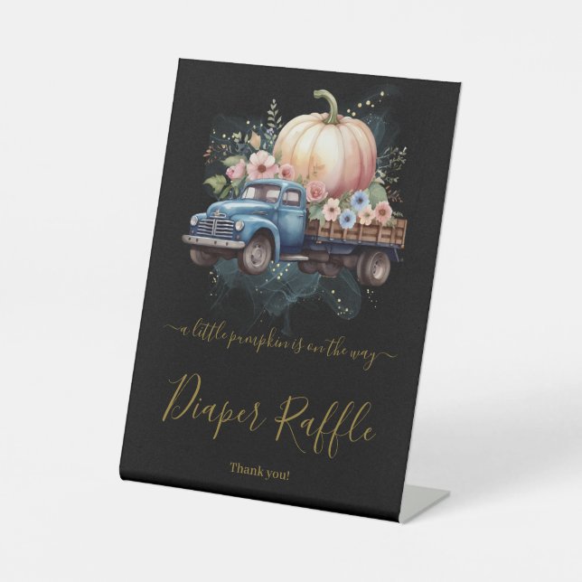 A Little Pumpkin Watercolor Truck Baby Shower Pedestal Sign (Front)