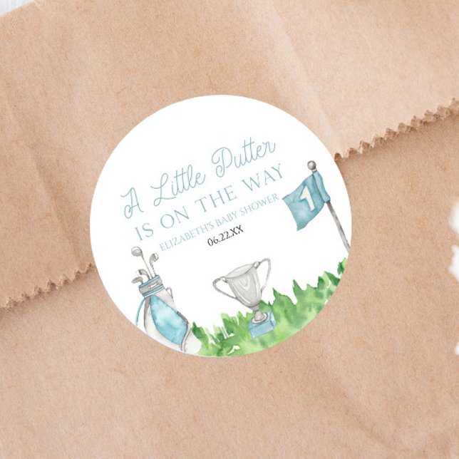 A Little Putter Blue Golf Baby Shower Classic Round Sticker (Creator Uploaded)
