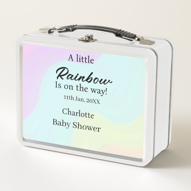 A little rainbow is on its way baby shower name da metal lunch box (Front)