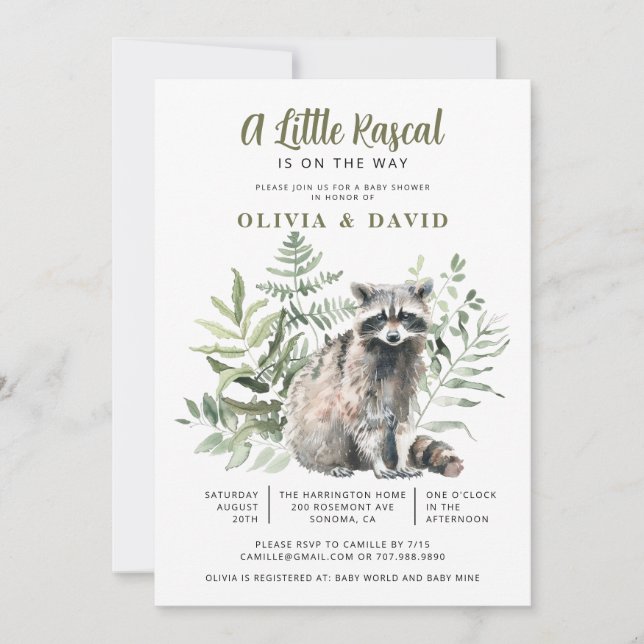 A Little Rascal On The Way Racoon Baby Shower Invitation (Front)