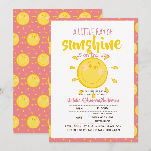 A Little Ray Of SUNSHINE is on the way - Pink Invitation (Front/Back)