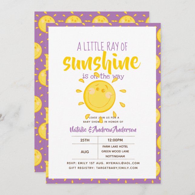 A Little Ray Of SUNSHINE is on the way - Purple Invitation (Front/Back)