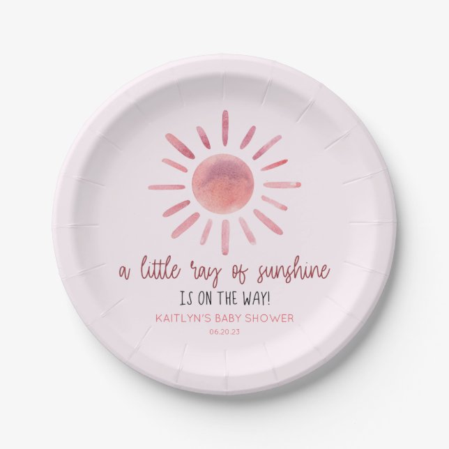 A Little Ray Of Sunshine Pink Sun Baby Shower Paper Plate (Front)