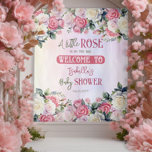 A Little Rose Floral Girl Baby Shower Backdrop Tapestry (Pink Rose Floral Bouquets Girl Baby Shower "Welcome" Backdrop -- A Little Rose Collection)