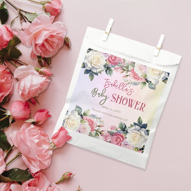 A Little Rose Floral Girl Baby Shower Thank You Favour Bag (A Little Rose Is On The Way Pink Rose Bouquets Girl Baby Shower Favor Bag )