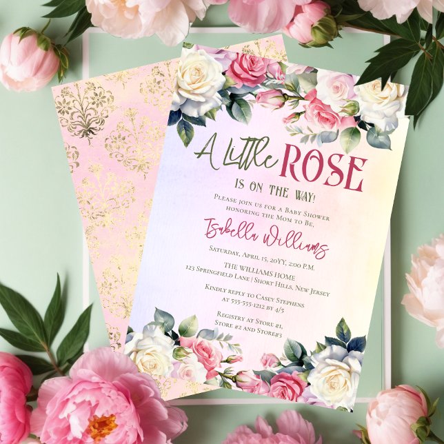 A Little Rose Is On The Way Floral Baby Shower Invitation (A Little Rose Is On The Way Pink Rose Bouquets Girl Baby Shower Invitation --Gold Tone Damask Back)