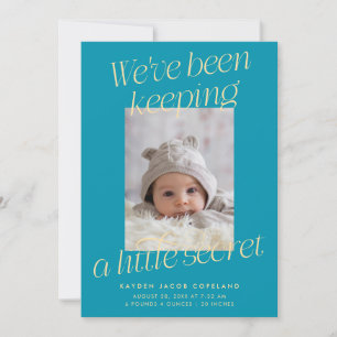 A Little Secret Aqua Blue Photo Modern Birth Announcement