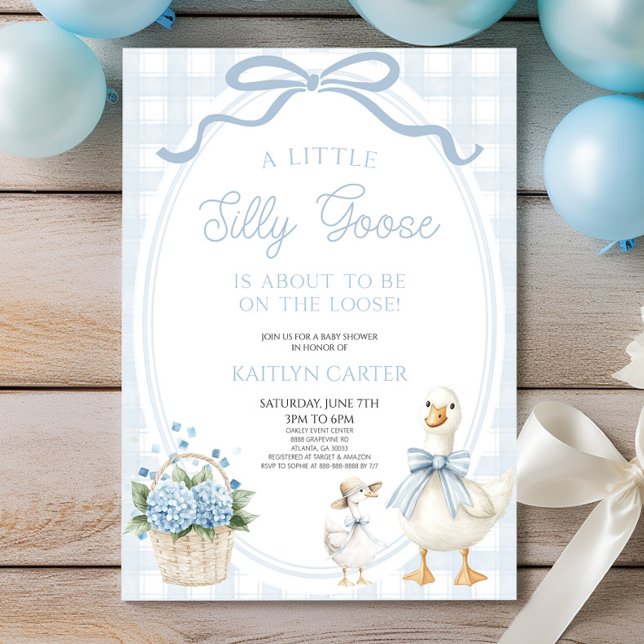 A Little Silly Goose Blue Bow Floral Baby Shower Invitation (Creator Uploaded)