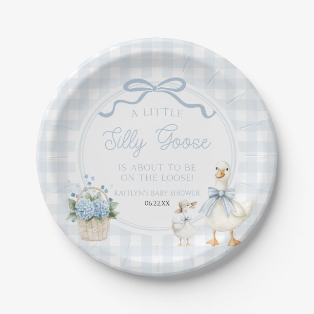 A Little Silly Goose Blue Floral Bow Baby Shower Paper Plate (Front)