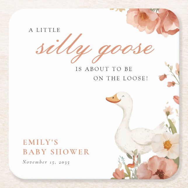 A Little Silly Goose Girl Baby Shower Square Paper Coaster (Front)