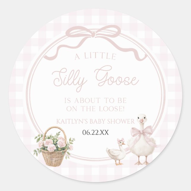 A Little Silly Goose Pink Floral Bow Baby Shower Classic Round Sticker (Front)