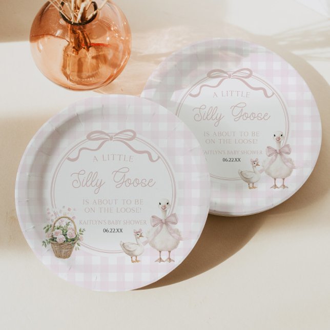 A Little Silly Goose Pink Floral Bow Baby Shower Paper Plate (Creator Uploaded)