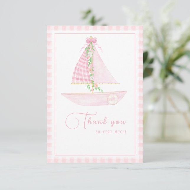 A Little Skipper Pink Plaid Pastel Baby Shower Thank You Card (Standing Front)
