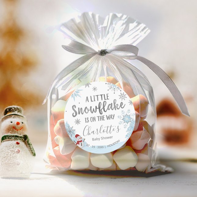 A little snowflake Blue Baby Shower Classic Round Sticker (Creator Uploaded)