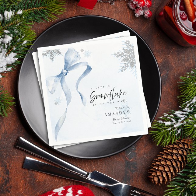 A little Snowflake Blue Bow Glitter Baby Shower  Napkin (Creator Uploaded)