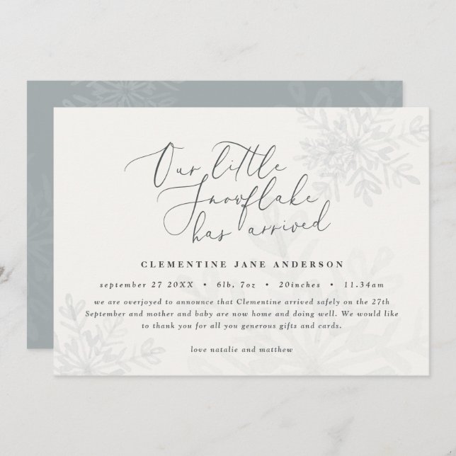 A little snowflake blue winter elegant photo birth (Front/Back)