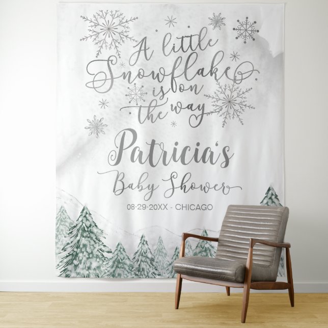 A little Snowflake Grey Baby Shower Backdrop Tapestry (In Situ)