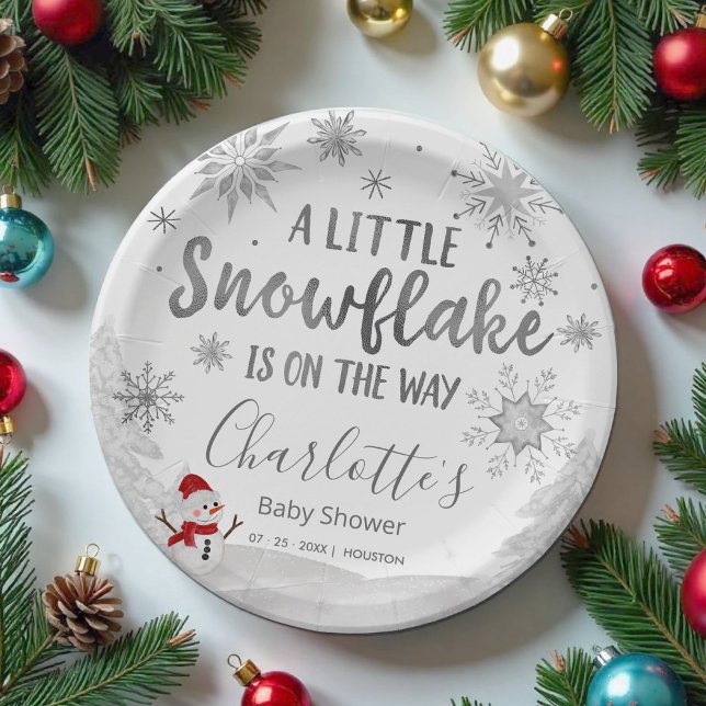 A little snowflake Grey Baby Shower Paper Plate (Creator Uploaded)