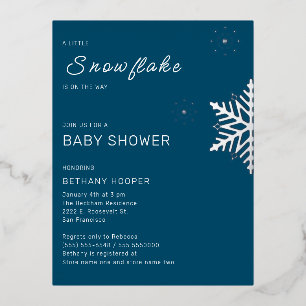 A Little Snowflake is on the Way Blue  Foil Invitation Postcard