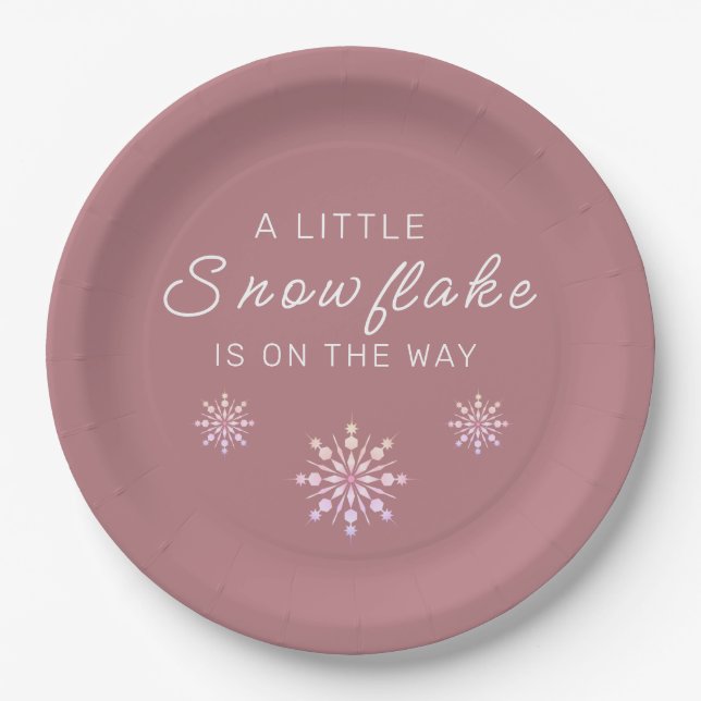 A Little Snowflake is on the Way Dusty Rose  Paper Plate (Front)