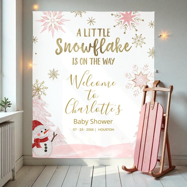 A little snowflake Pink Baby Shower Backdrop Tapestry (Creator Uploaded)