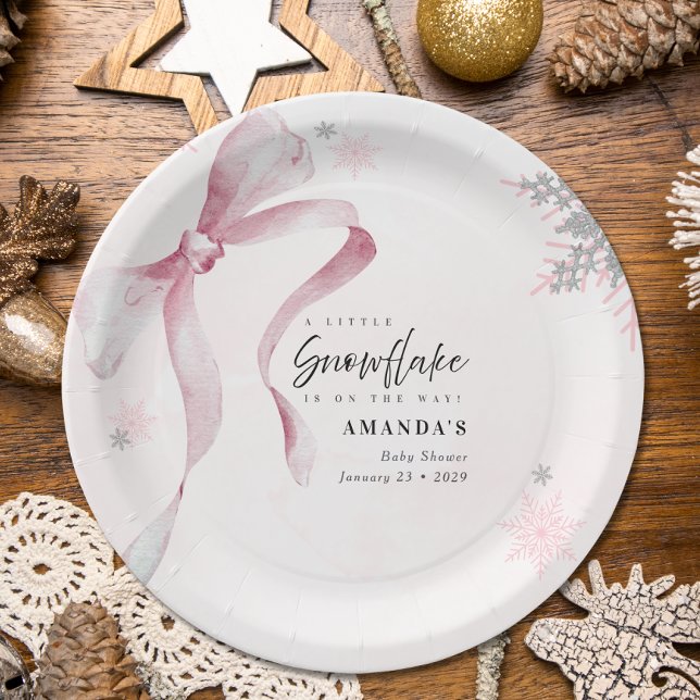 A little Snowflake Pink Bow Glitter Baby Shower  Paper Plate (Creator Uploaded)