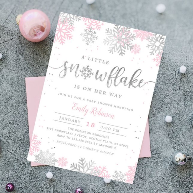 A Little Snowflake Pink Silver Winter Baby Shower Invitation (Creator Uploaded)