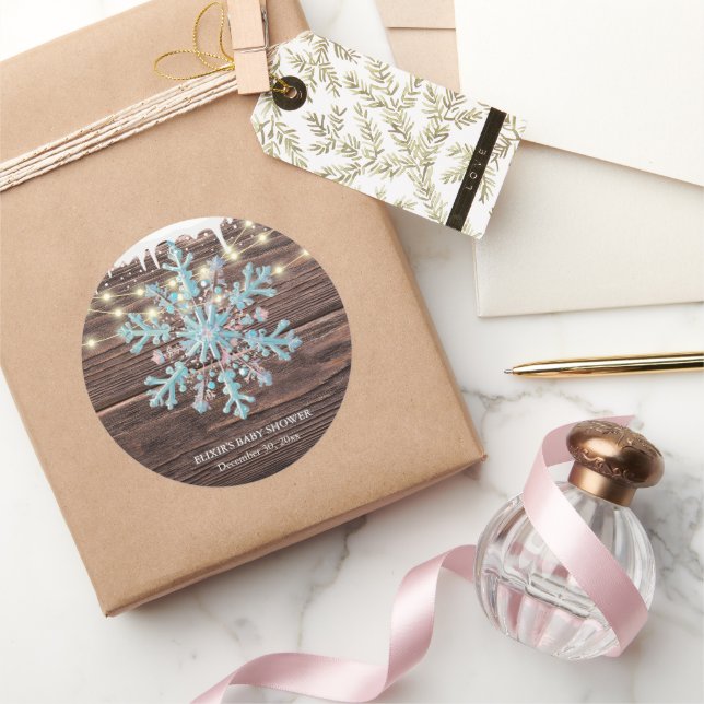 A Little Snowflake Rustic Winter Baby Shower Classic Round Sticker (Gifting)