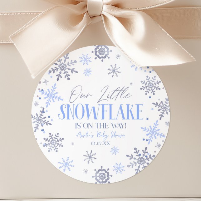 A Little Snowflake Winter Blue Baby Shower Classic Round Sticker (Creator Uploaded)