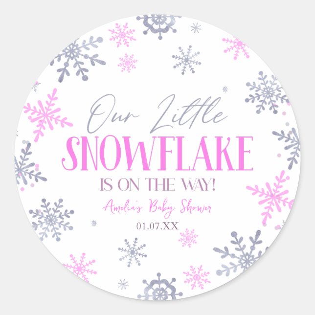 A Little Snowflake Winter Pink Baby Shower Classic Round Sticker (Front)