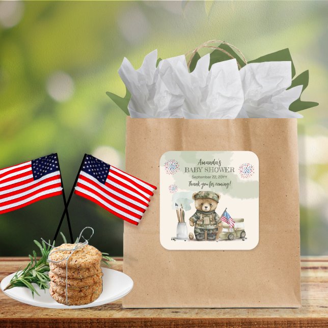 A Little Soldier Boy Teddy Bear Baby Shower Favour Square Sticker (Creator Uploaded)