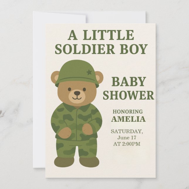 A Little Soldier Boy Teddy Bear Baby Shower Invite (Front)