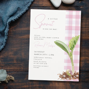 A Little Sprout Plant Pink Gingham Baby Shower Invitation