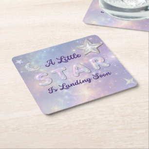 A Little Star Is Landing Celestial Baby Shower Square Paper Coaster