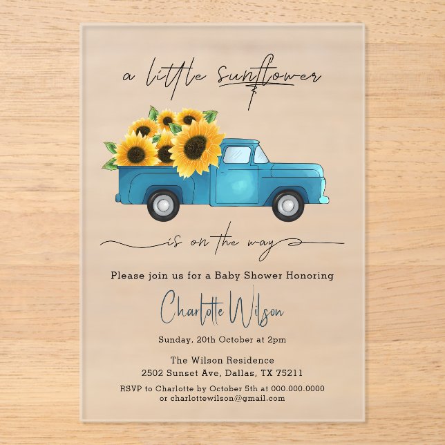 A Little Sunflower Is On The Way Baby Shower Acrylic Invitations (Front)