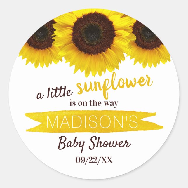 A Little Sunflower Is On The Way! Baby Shower Classic Round Sticker (Front)