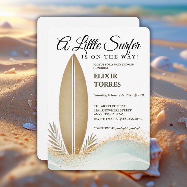A Little Surfer Minimalist Gold Baby Shower Invitation (Creator Uploaded)