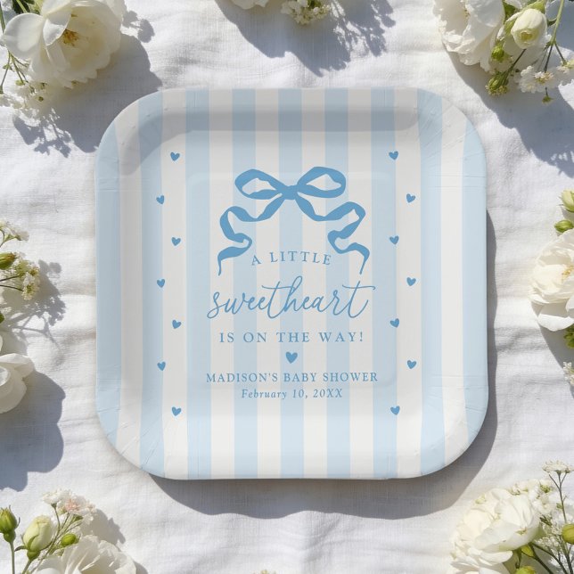 A Little Sweetheart Blue Bow Baby Shower Paper Plate (Creator Uploaded)