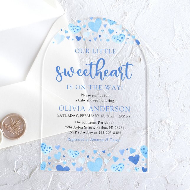 A Little Sweetheart Blue Valentine Baby Shower Acrylic Invitations (Watercolor Blue Hearts A Little Sweetheart Valentine Baby Boy Acrylic Arch Baby Shower Invitation)