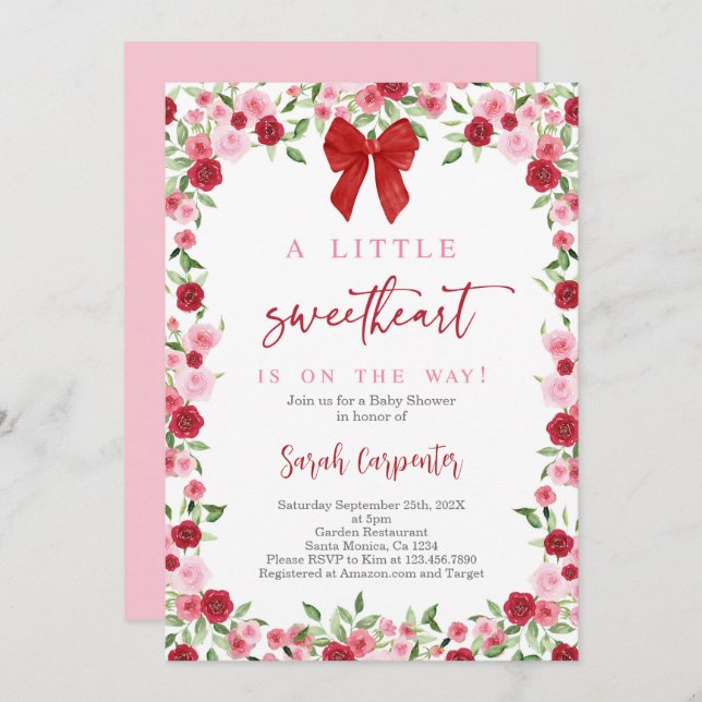 A Little Sweetheart Bow Baby Shower Invitation (Front/Back)