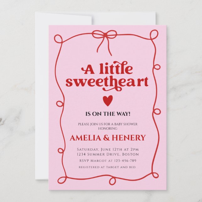 A Little Sweetheart Girl hearts Bow Baby Shower Invitation (Front)
