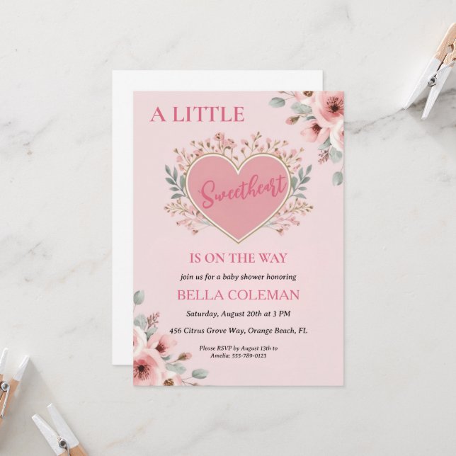 a little sweetheart is on the way baby shower invitation (Front/Back In Situ)