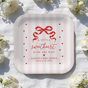 A Little Sweetheart Pink and Red Bow Baby Shower Paper Plate